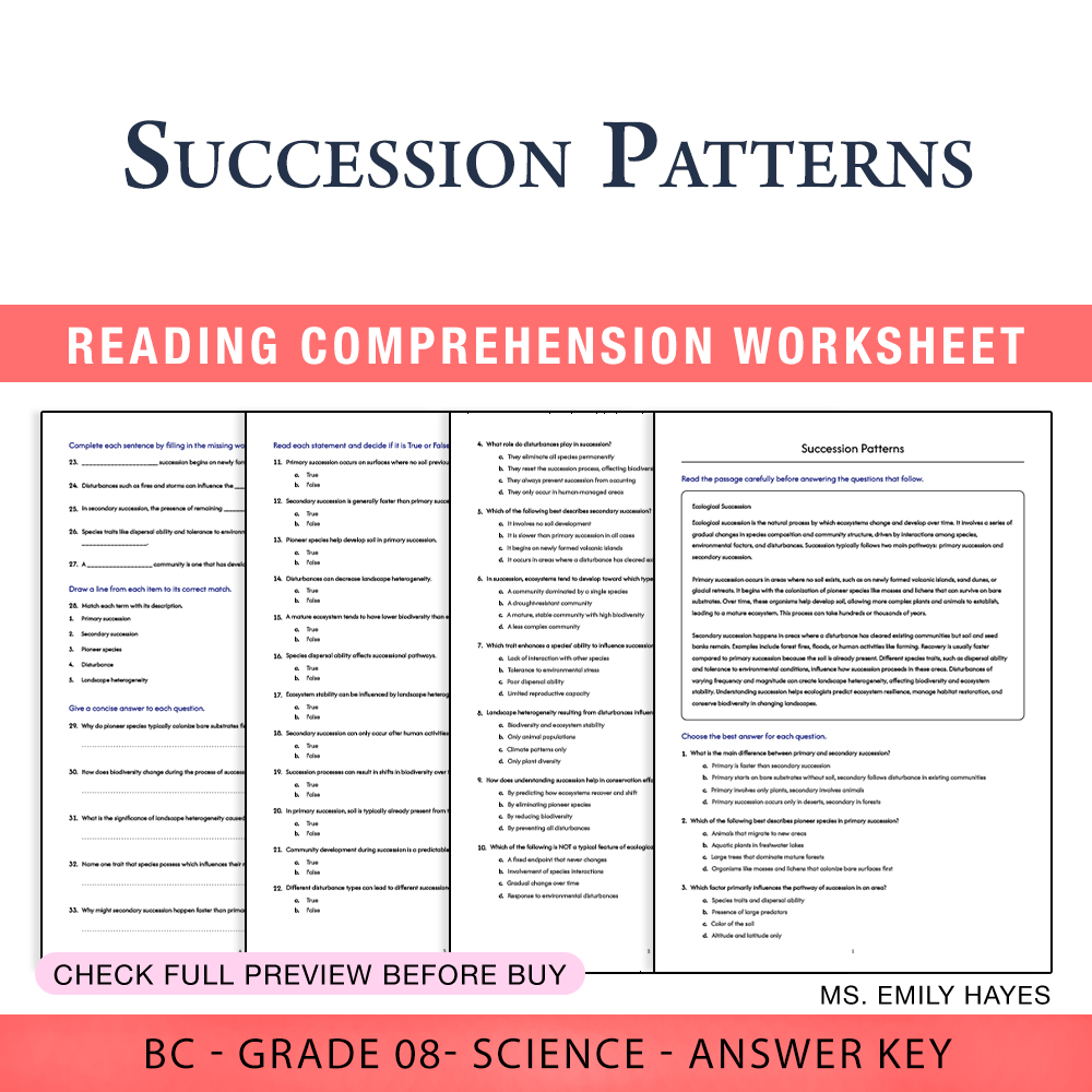 Grade 8 Science worksheet worksheet — Grade 8 Science | Succession Patterns Worksheet (PDF+ Answer Key) — page 1
