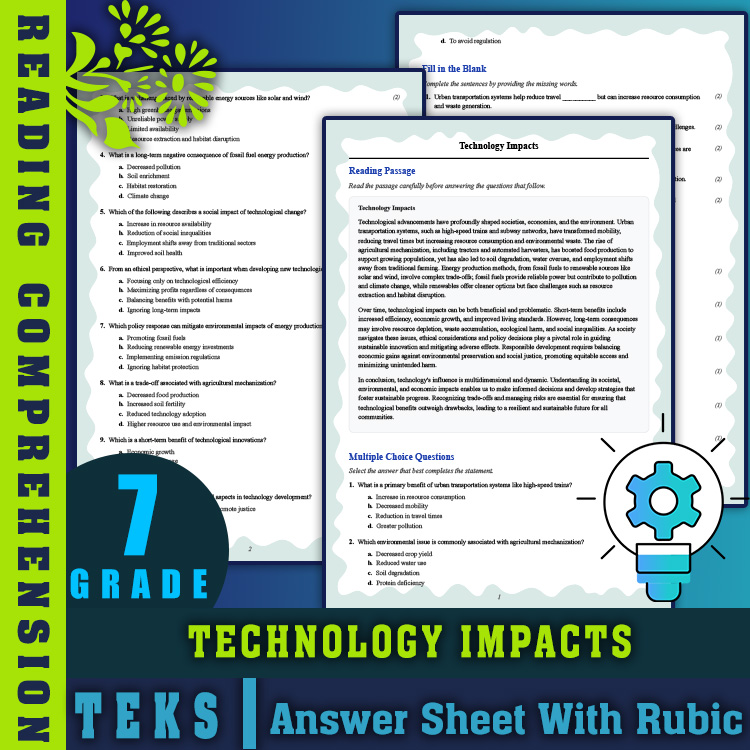 Grade 7 Science reading worksheets worksheet — Grade 7 Science Reading Worksheets | Technology Impacts TEKS Practice — page 1