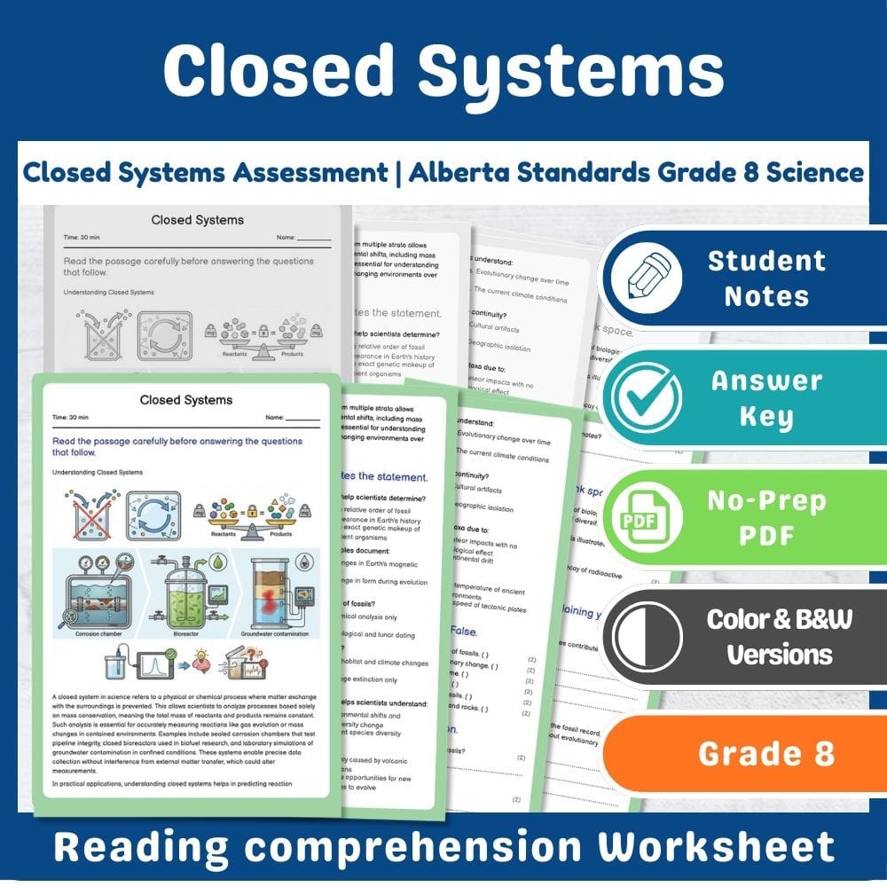 Grade 8 Science assessment worksheet — Closed Systems Assessment | Alberta Standards Grade 8 Science — page 1