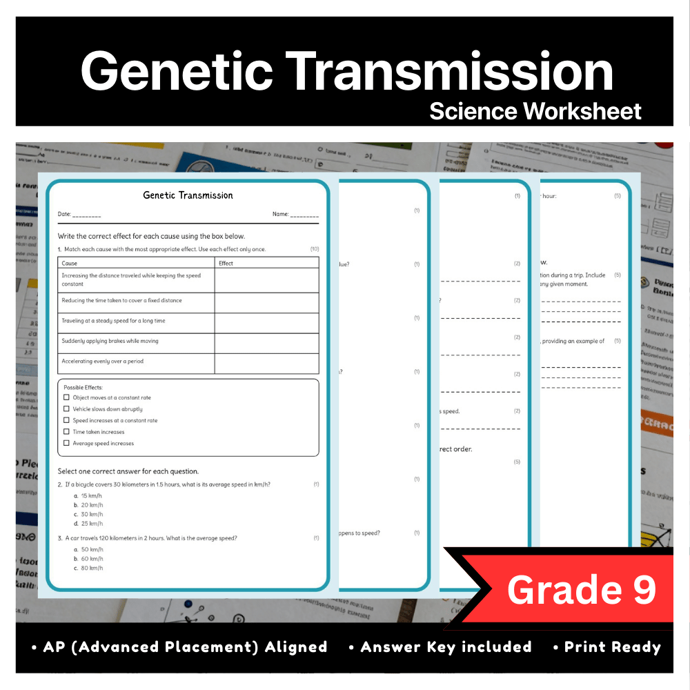 Grade 9 Science science 1 worksheet — Grade 9 Science | Genetic Transmission Worksheet & Answer Key (AP Standard)
