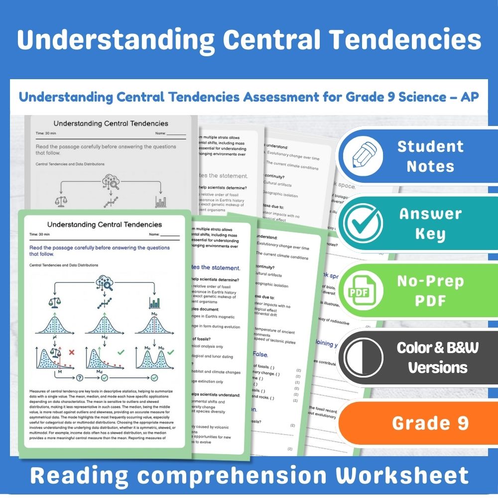 Grade 9 Science assessment worksheet — Understanding Central Tendencies Assessment for Grade 9 Science – AP — page 1