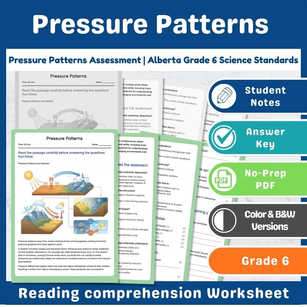 Grade 6 Science assessment worksheet — Pressure Patterns Assessment | Alberta Grade 6 Science Standards — page 1