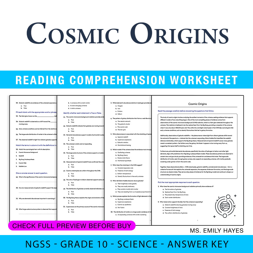 Grade 10 Science worksheet worksheet — 10th Grade Science | Cosmic Origins Worksheet (PDF+ Answer Key) — page 1