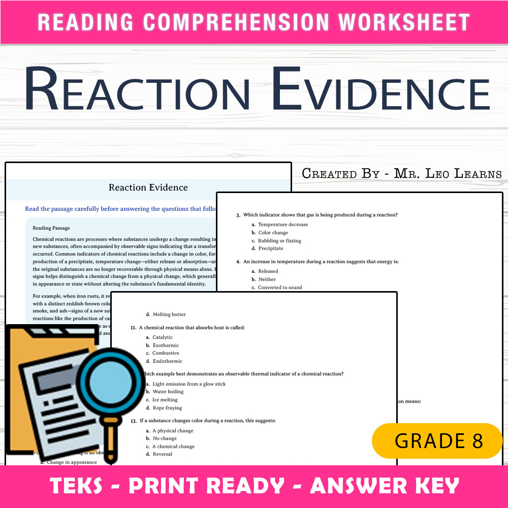 Grade 8 Science worksheet worksheet — Grade 8 Science — Reaction Evidence Worksheet for Mastery | PDF + Answer Key — page 1