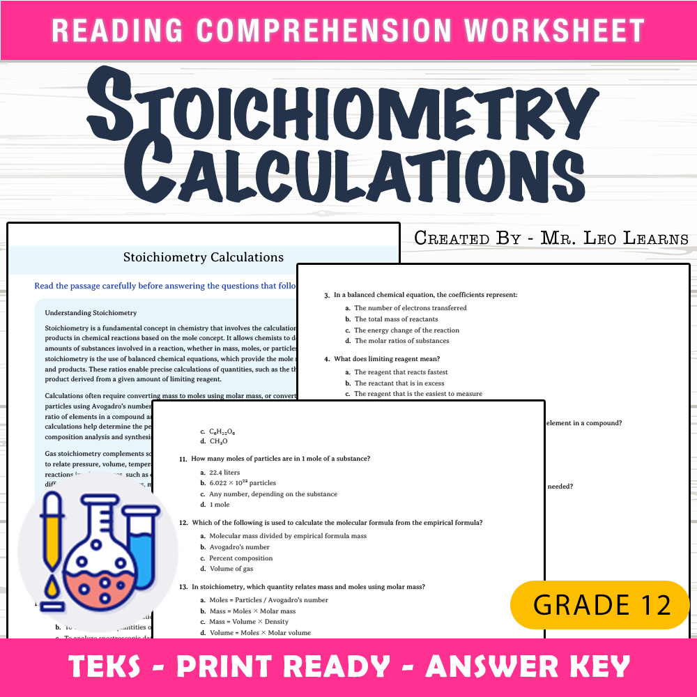 Grade 12 Science worksheet worksheet — Grade 12 Science — Stoichiometry Calculations Worksheet for Mastery — page 1