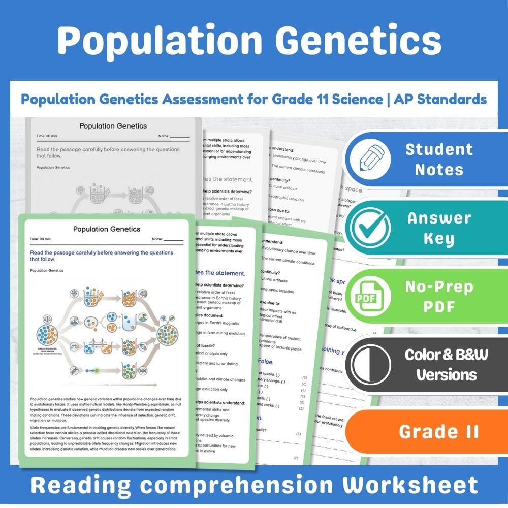 Grade 11 Science assessment worksheet — Population Genetics Assessment for Grade 11 Science | AP Standards — page 1
