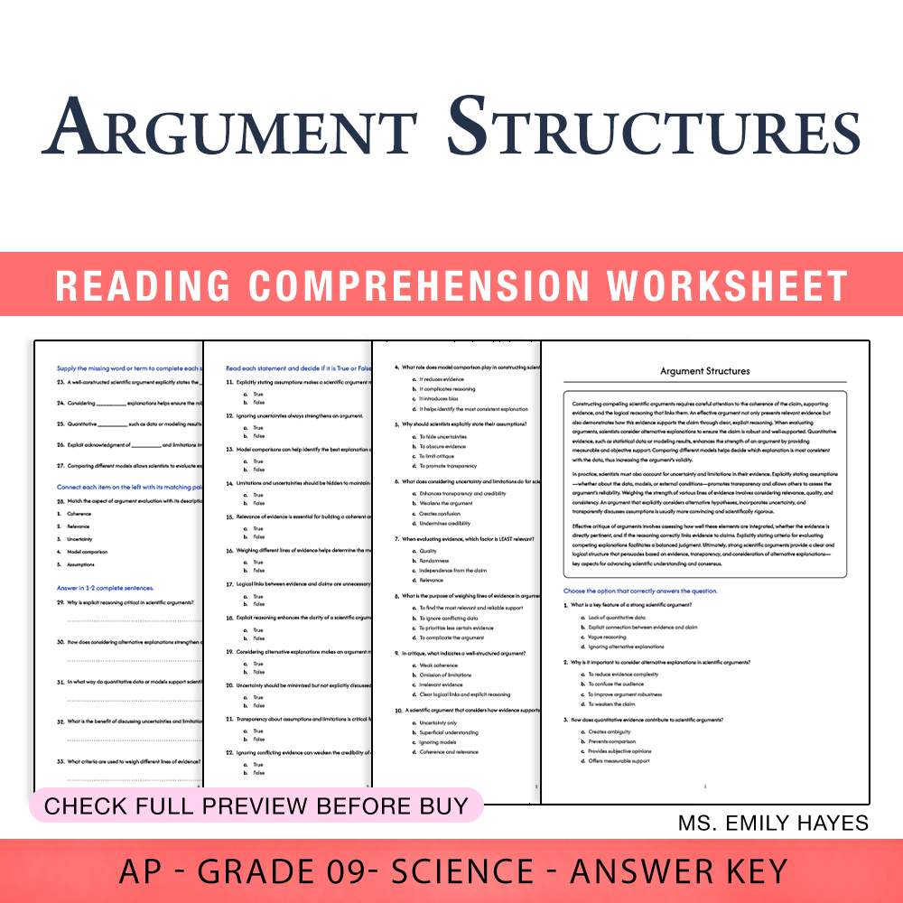 Grade 9 Science worksheet worksheet — Grade 9 Science | Argument Structures Worksheet (PDF+ Answer Key) — page 1