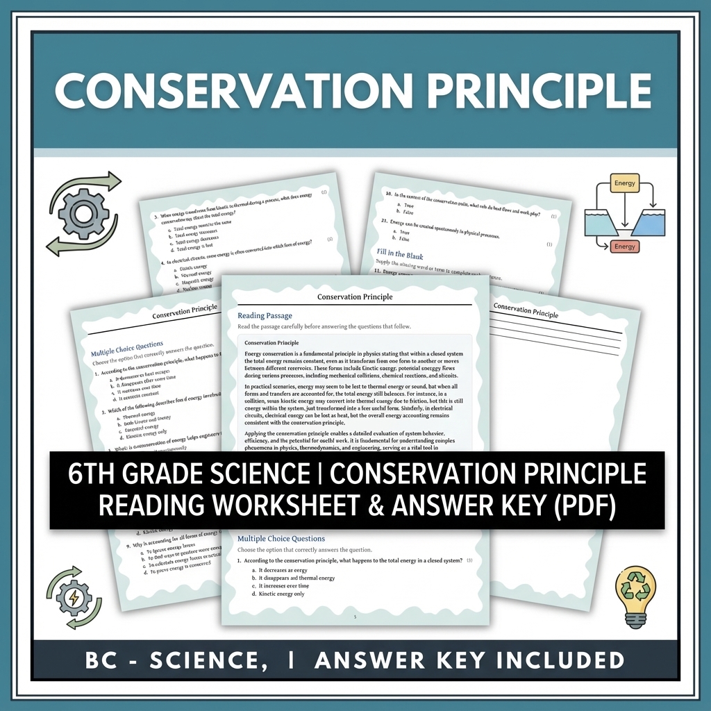 6th Grade Science | Conservation Principle Reading Worksheet & Answer Key (PDF)