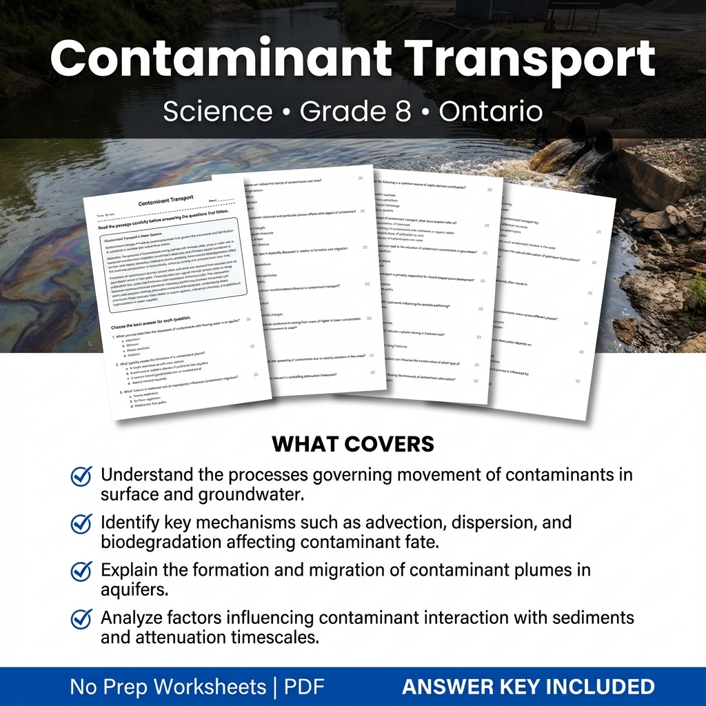 Contaminant Transport Science Worksheet | Ontario Grade 8 Standard