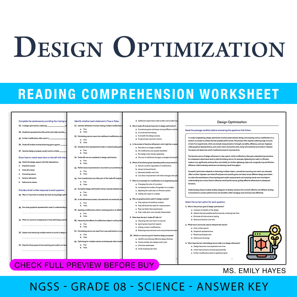 Grade 8 Science worksheet worksheet — 8th Grade Science | Design Optimization Worksheet (PDF+ Answer Key) — page 1