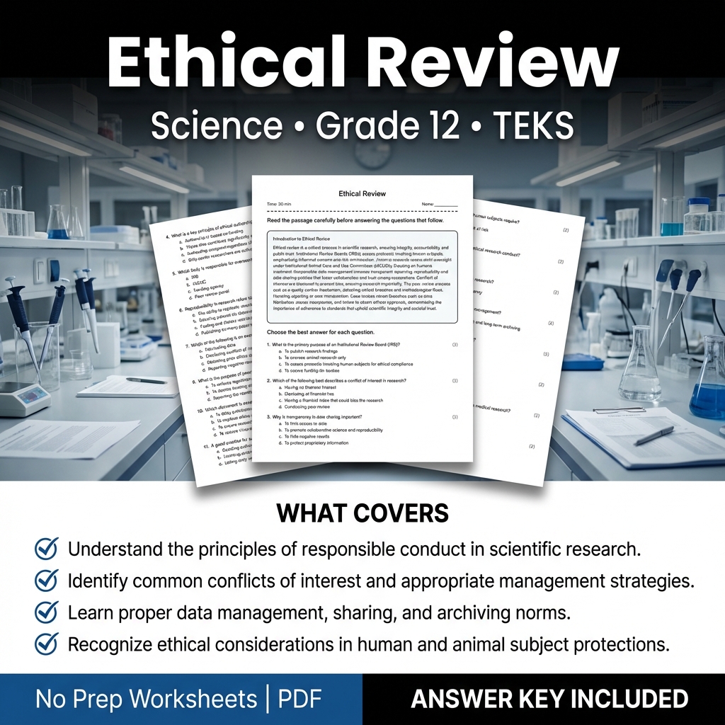 Grade 12 Science Worksheet on Ethical Review | TEKS-aligned PDF template