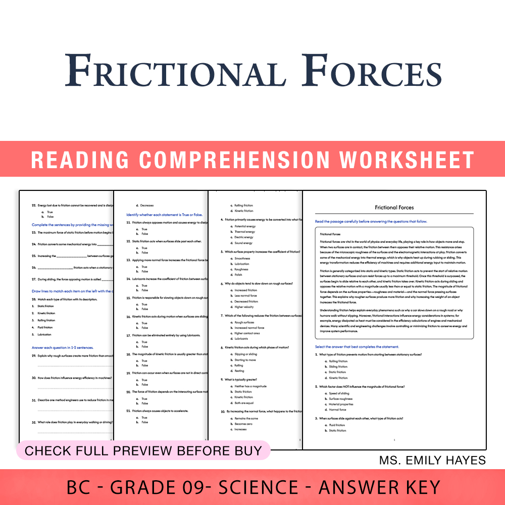 Grade 9 Science worksheet worksheet — Grade 9 Science | Frictional Forces Worksheet (PDF+ Answer Key) — page 1