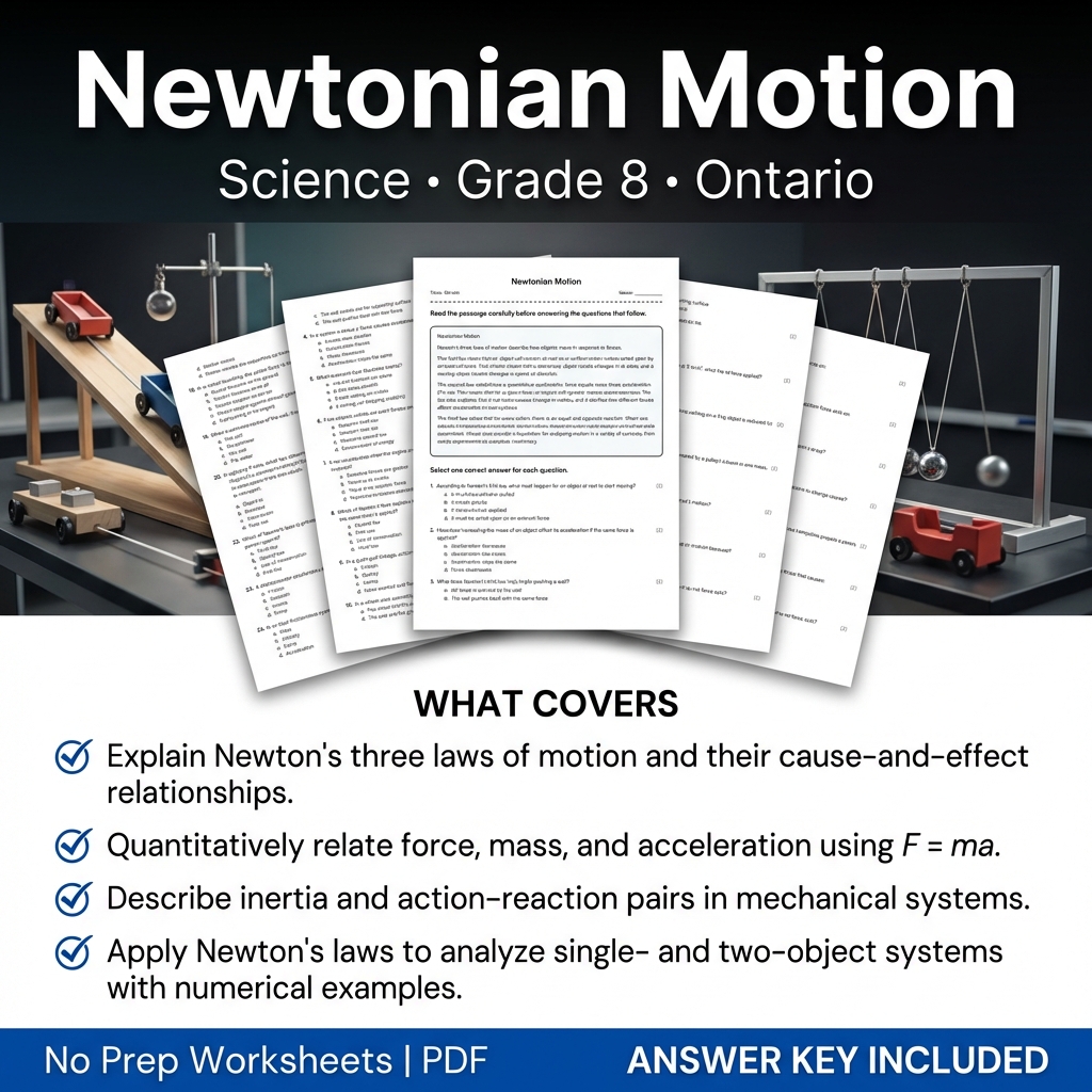 Newtonian Motion Worksheet | Grade 8 Science | Ontario Standards