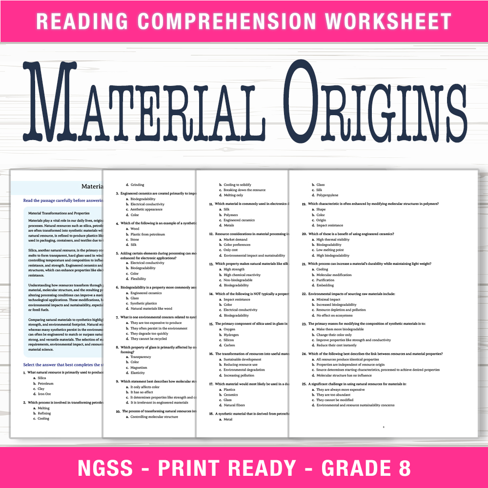 Grade 8 Science worksheet worksheet — Grade 8 Science | Material Origins Worksheet (PDF + Answer Key) — page 1