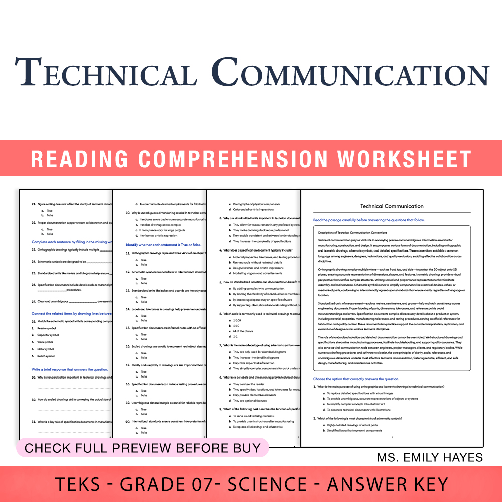 Grade 7 Science worksheet worksheet — 7th Grade Science | Technical Communication Worksheet (PDF+ Answer Key) — page 1