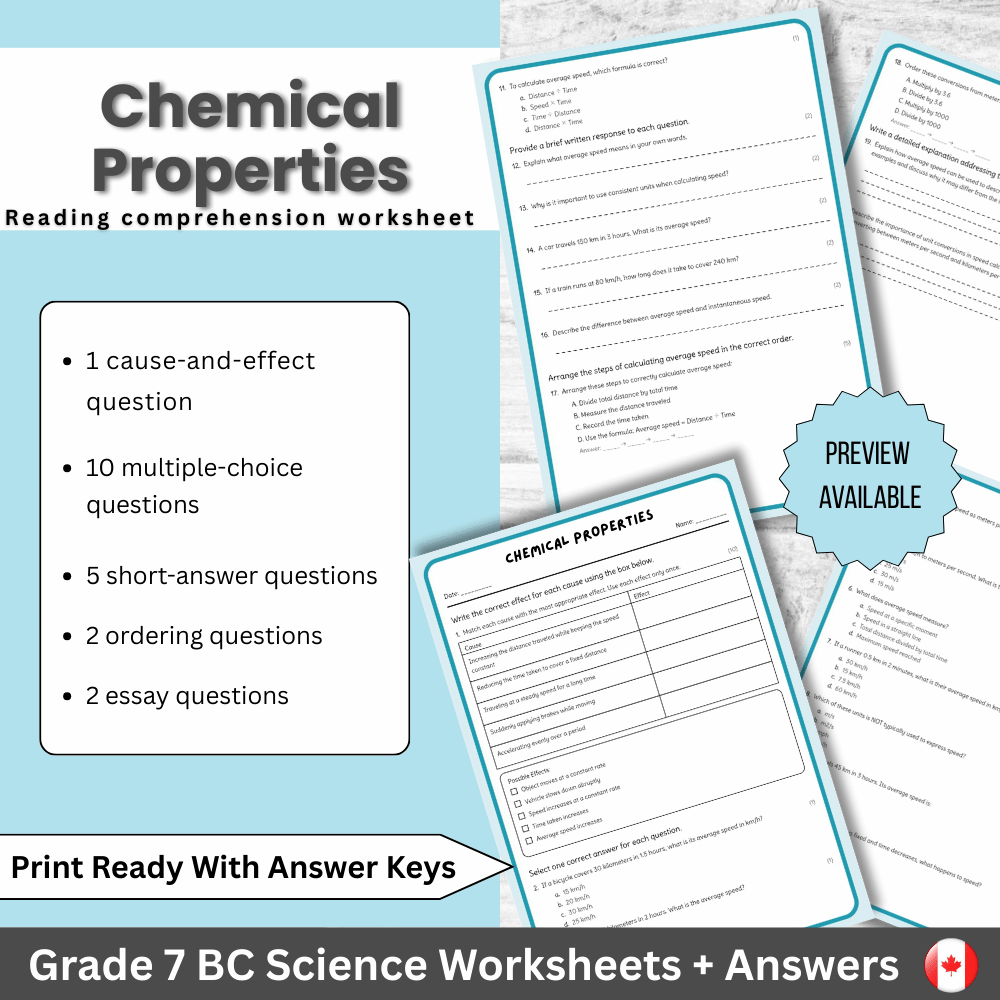 Grade 7 Science science 1 worksheet — Grade 7 Science | Chemical Properties Worksheet (PDF) Aligned with BC Standards