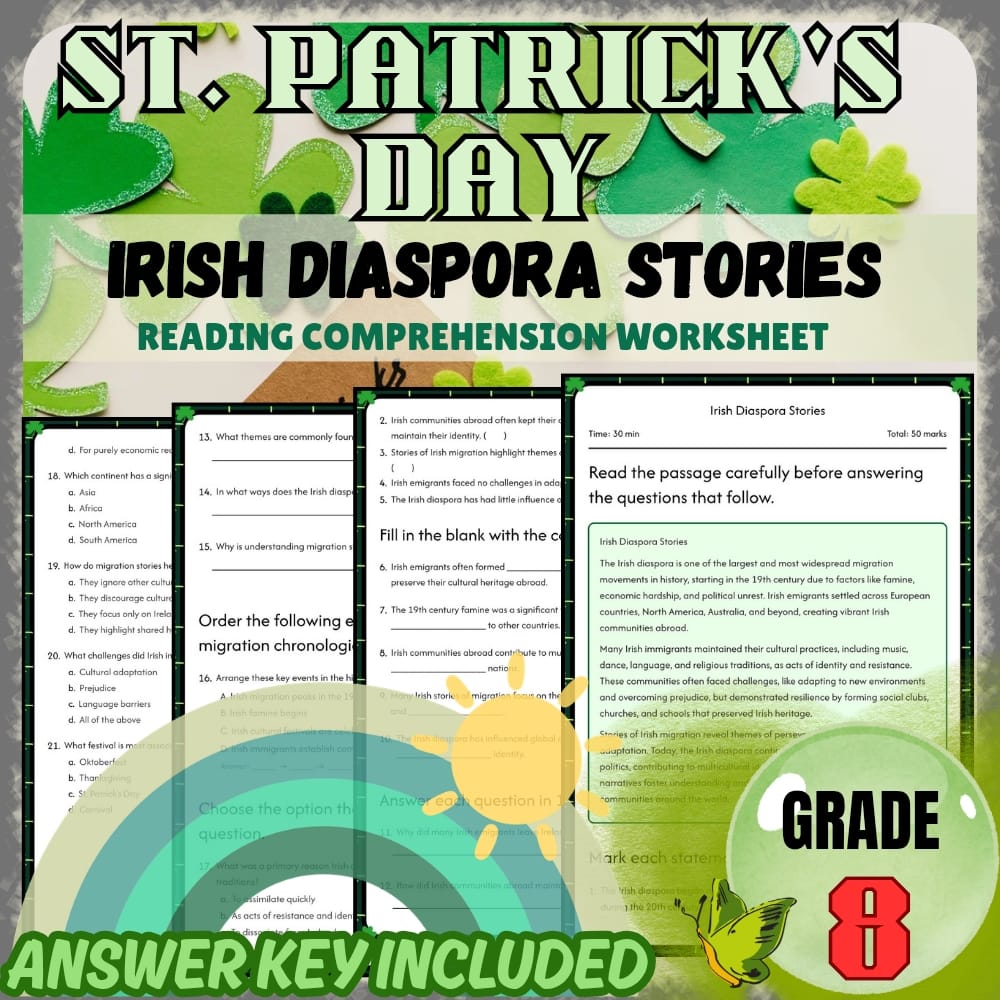 Grade 8 Holiday Worksheets Bundle | St. Patrick's Day Irish Culture & Folklore — included worksheet 3