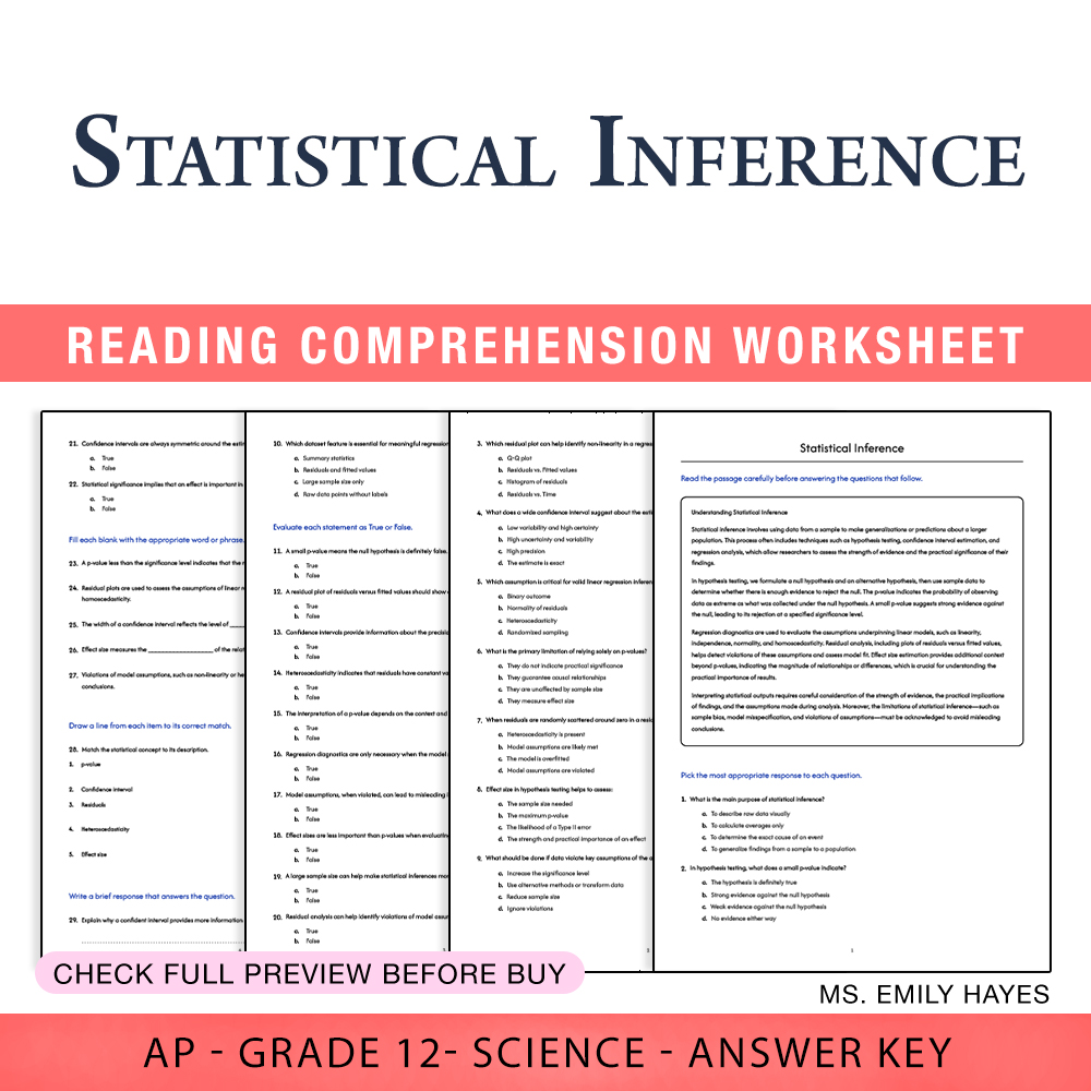 Grade 12 Science worksheet assessment worksheet — Grade 12 Science | Statistical Inference Worksheet (PDF+ Answer Key) — p…