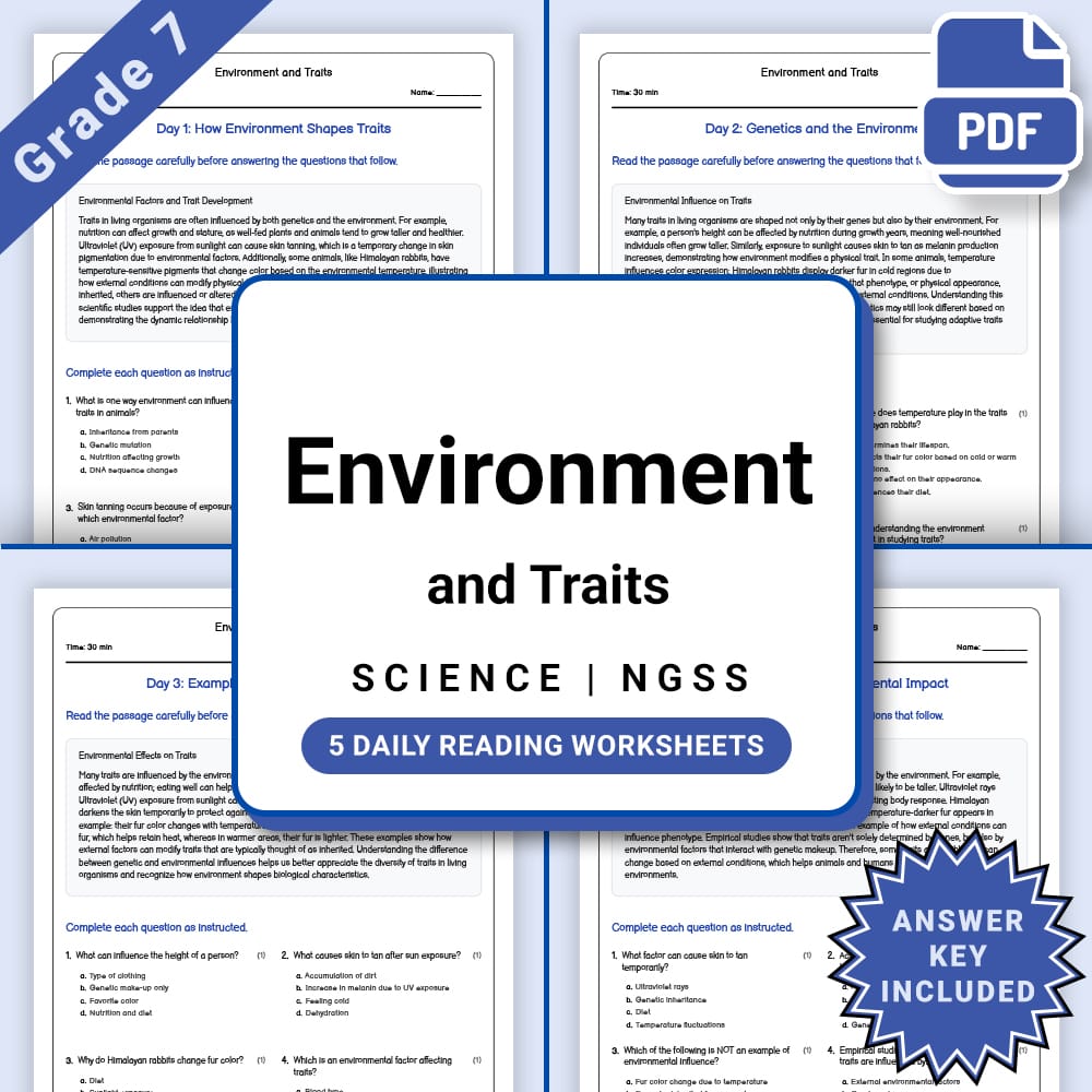 Grade 7 Science daily reading worksheet worksheet — Grade 7 Science – Environment and Traits Daily Reading Worksheet(PDF +…