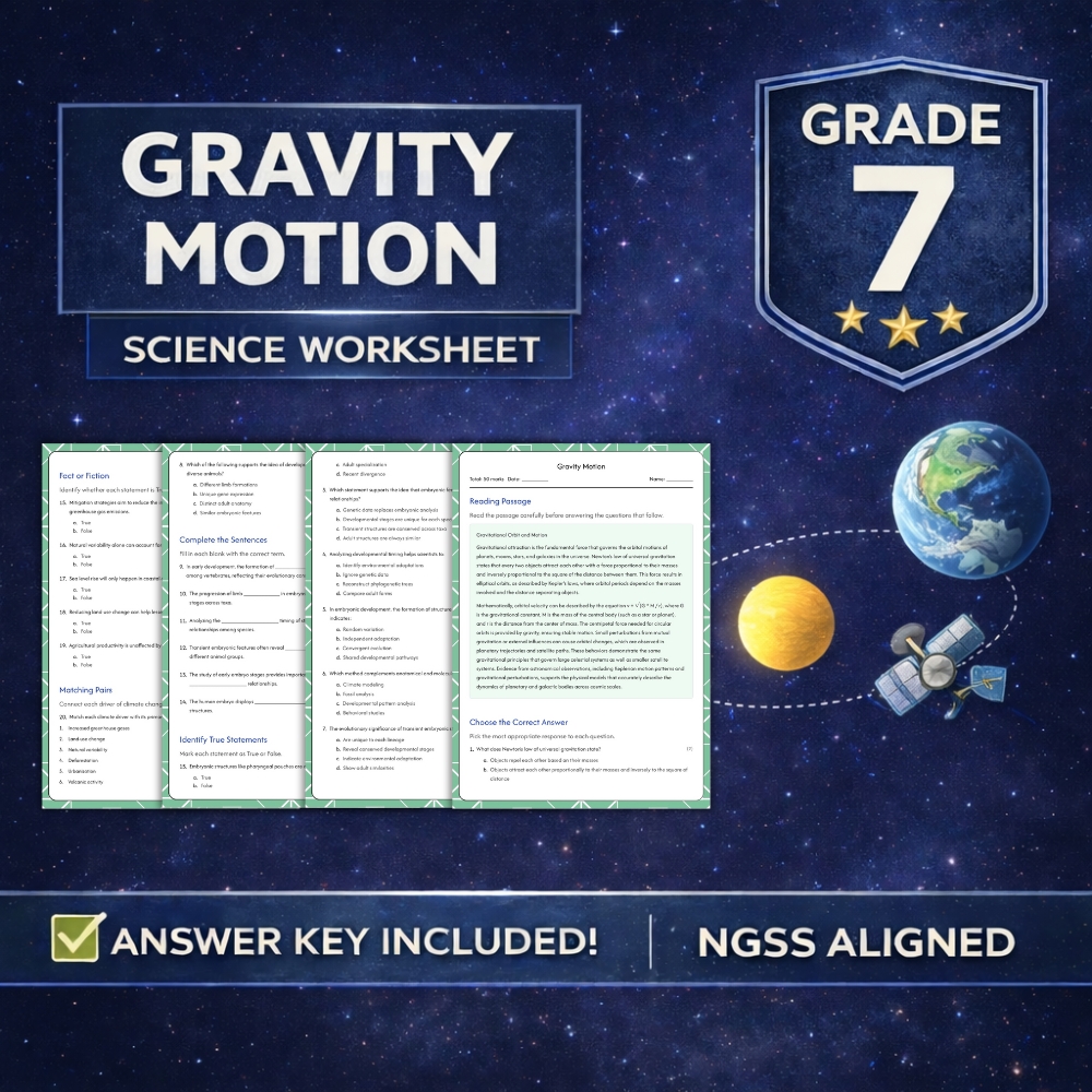 Grade 7 Science g7 ngss worksheet — 7th Grade Science | Gravity Motion Worksheet (NGSS Practice & Assessment PDF)