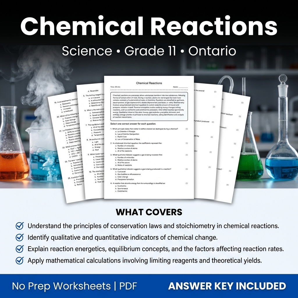 Chemical Reactions Worksheet for Grade 11 Science Ontario Standards