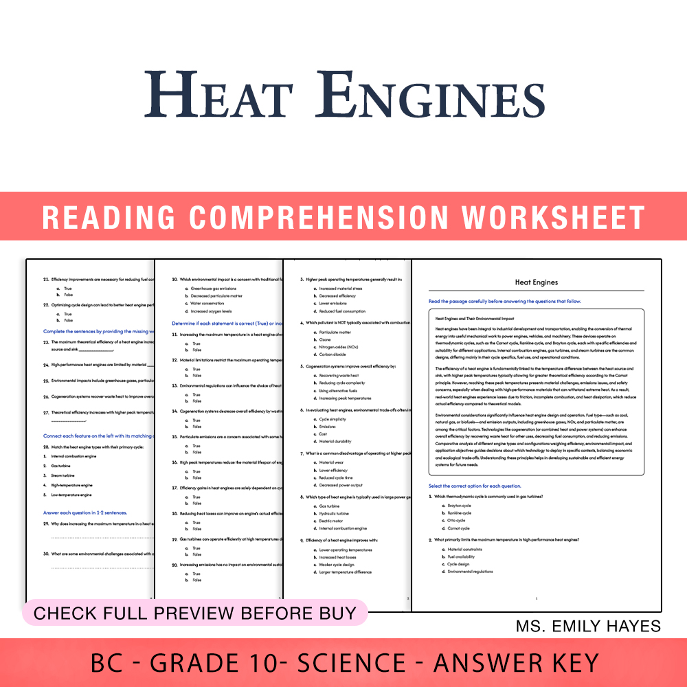 Grade 10 Science worksheet worksheet — Grade 10 Science | Heat Engines Concept Worksheet (PDF + Answer Key) — page 1