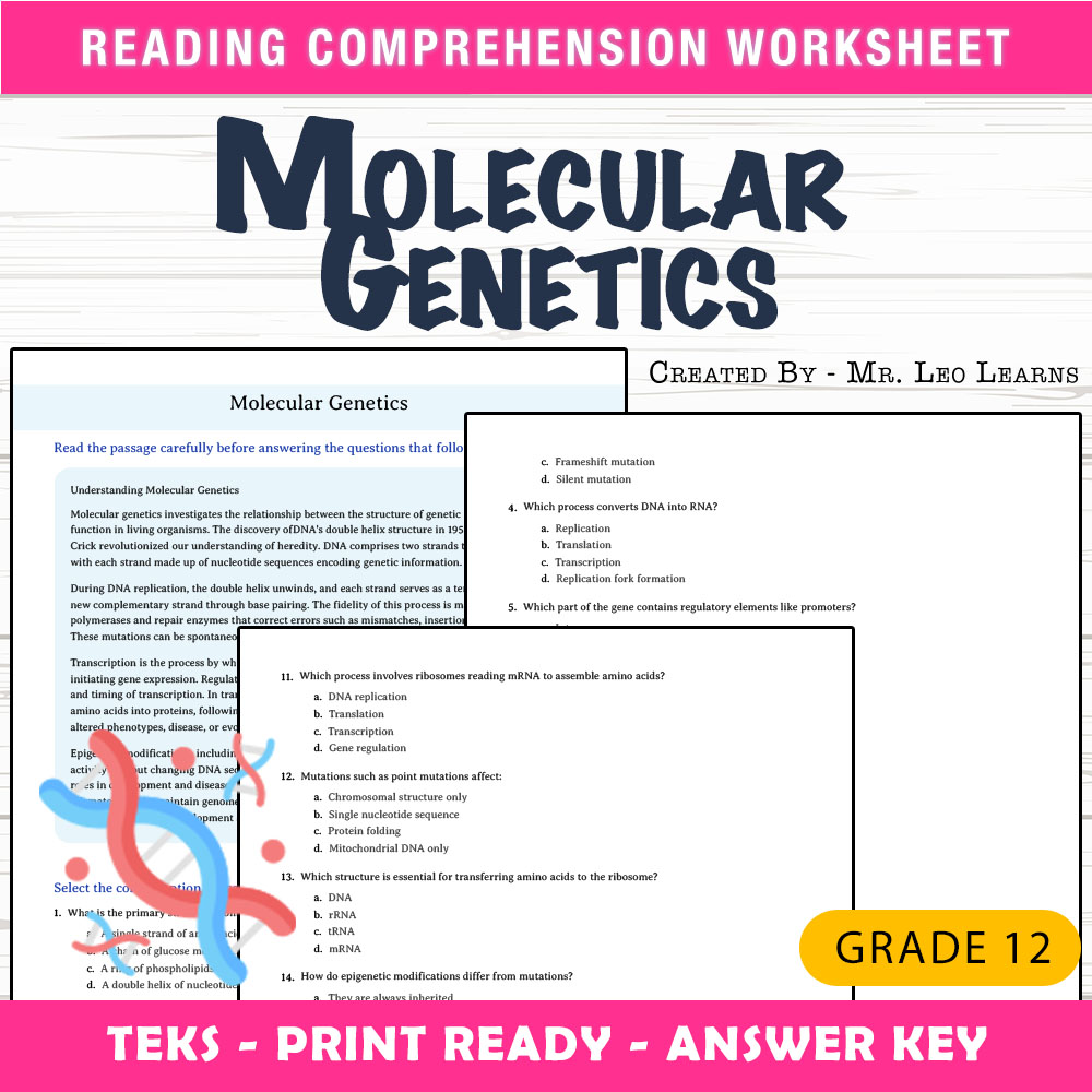 Grade 12 Science worksheet worksheet — Grade 12 Science – Molecular Genetics Worksheet for Mastery — page 1