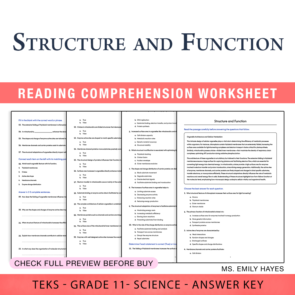 Grade 11 Science worksheet worksheet — 11th Grade Science | Structure and Function Worksheet (PDF+ Answer Key) — page 1