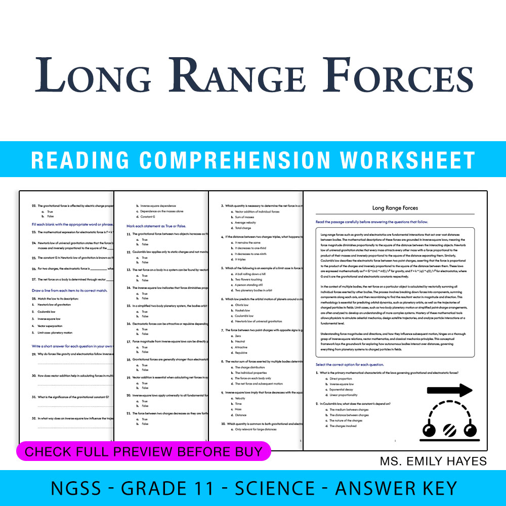 Grade 11 Science worksheet worksheet — 11th Grade Science | Long Range Forces Worksheet (PDF+ Answer Key) — page 1