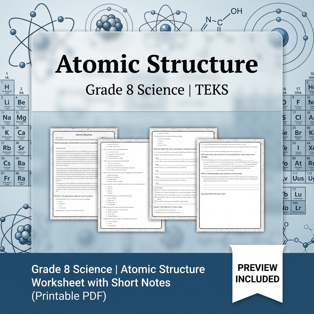 Grade 8 Science | Atomic Structure Worksheet with Short Notes (Printable PDF)