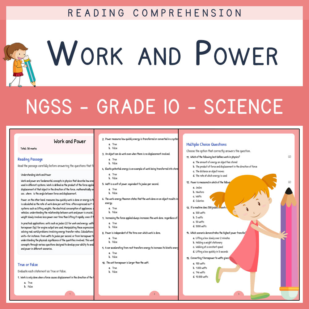Grade 10 Science worksheet worksheet — Grade 10 Science | Work and Power Worksheet with Answer Key (NGSS-Aligned) — page 1