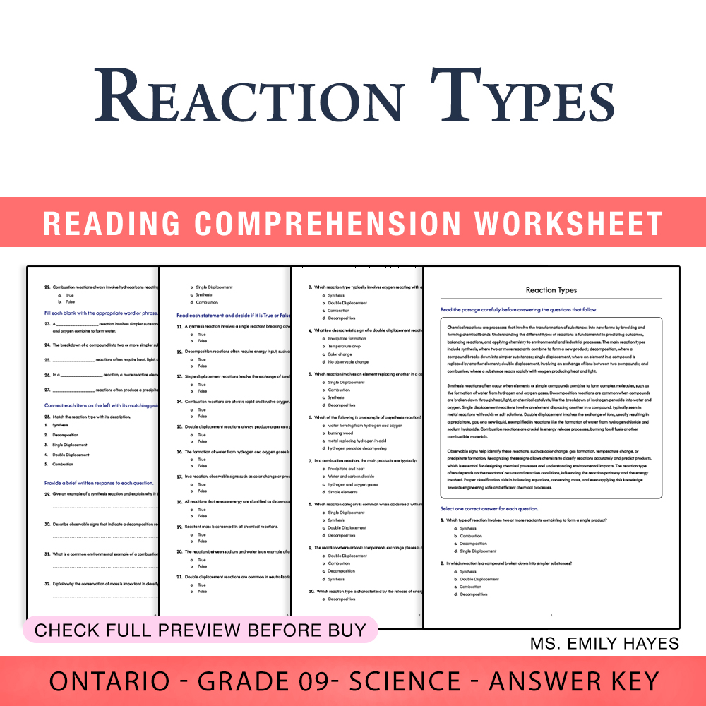 Grade 9 Science worksheet worksheet — 9th Grade Science | Reaction Types Worksheet (PDF + Answer Key) — page 1