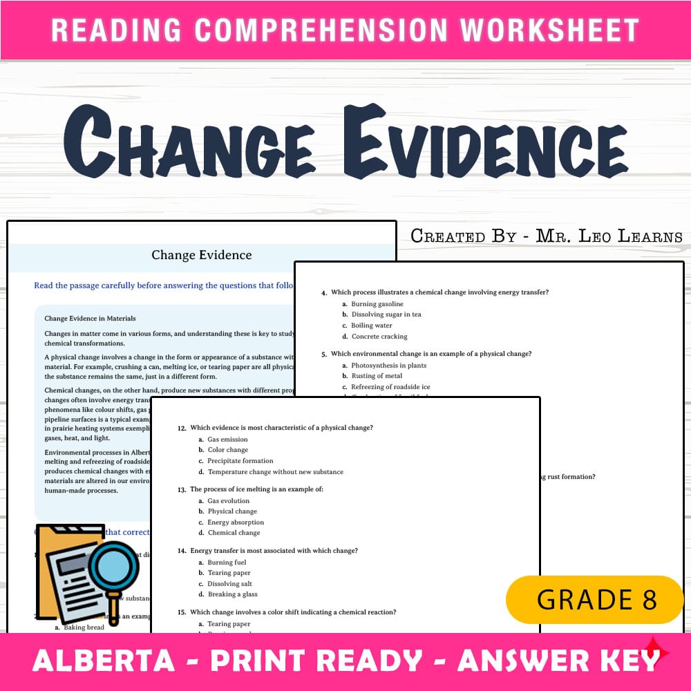 Grade 8 Science worksheet mcq paper worksheet — Grade 8 Science — Change Evidence Worksheet for Mastery — page 1