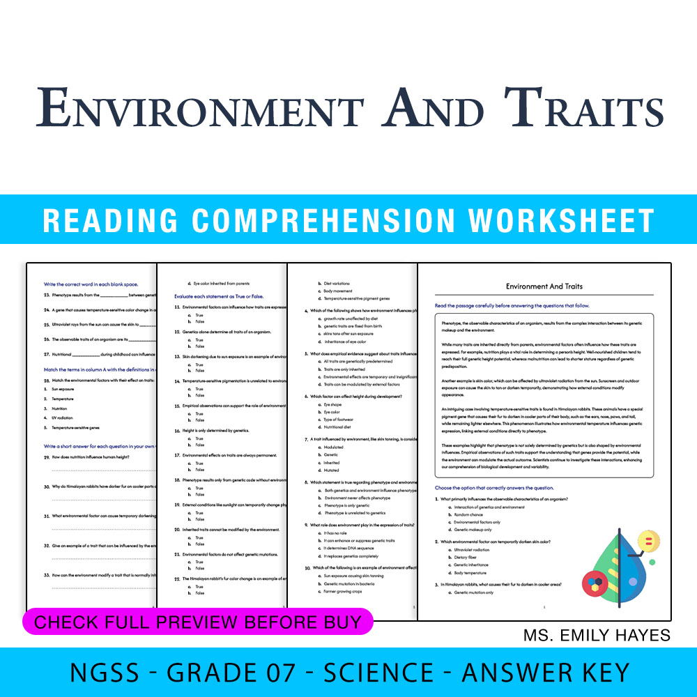 Grade 7 Science worksheet worksheet — Grade 7 Science | Environment and Traits Worksheet (PDF+ Answer Key) — page 1