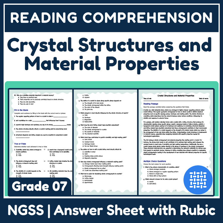 Science reading worksheets worksheet — Grade 7 Science Reading Worksheet | Crystals & Atomic Structure NGSS — page 1