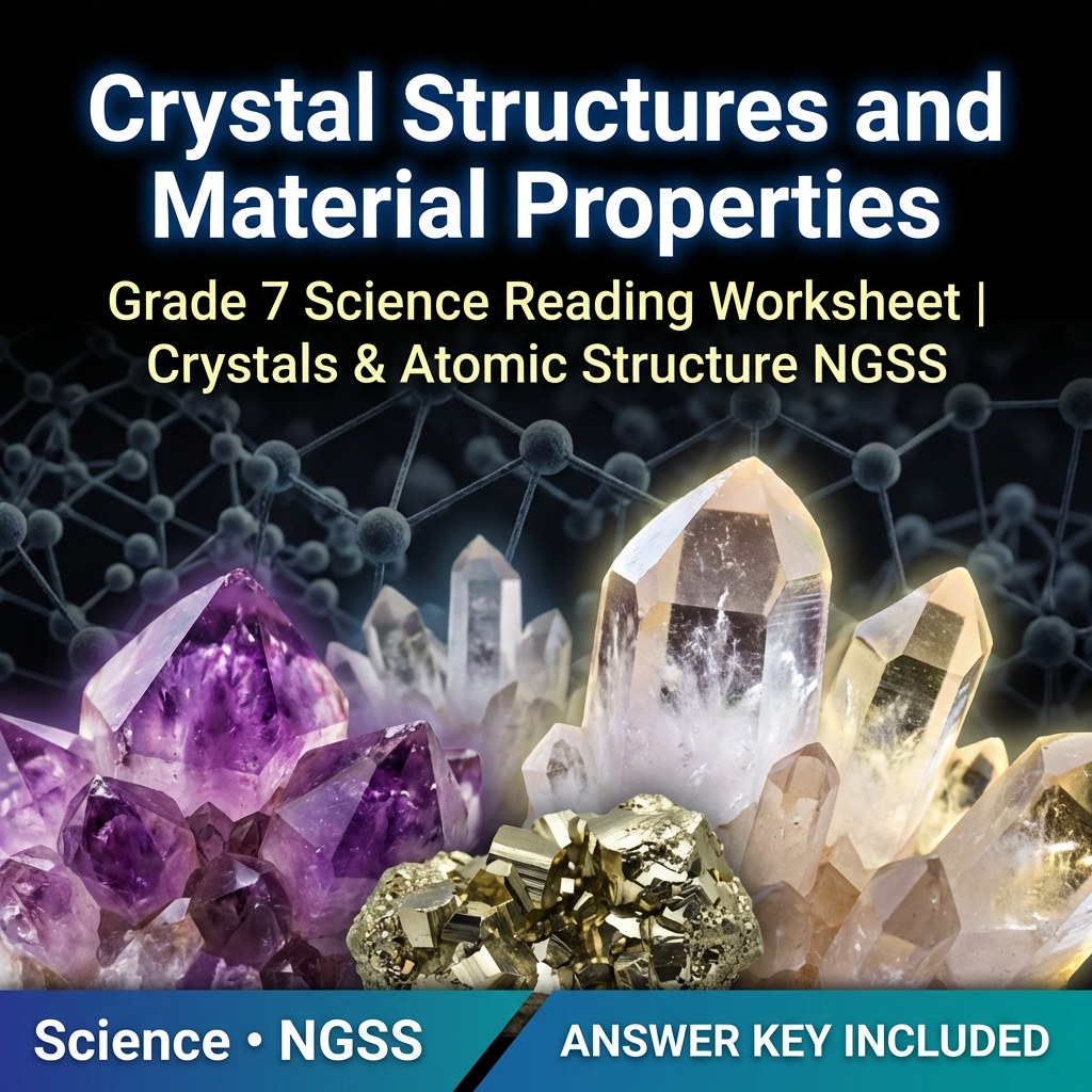 Grade 7 Science Reading Worksheet | Crystals & Atomic Structure NGSS
