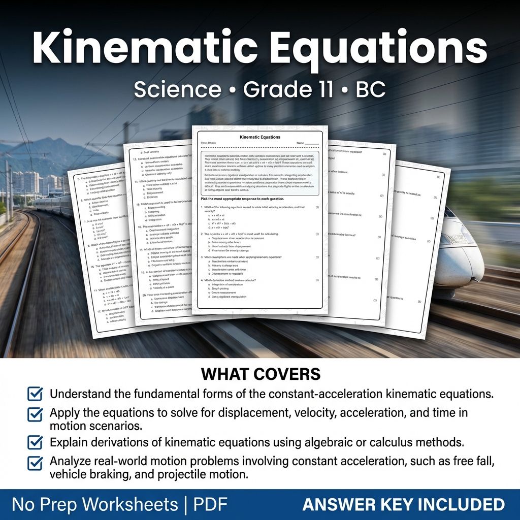 Grade 11 Science Worksheet on Kinematic Equations | BC Standards