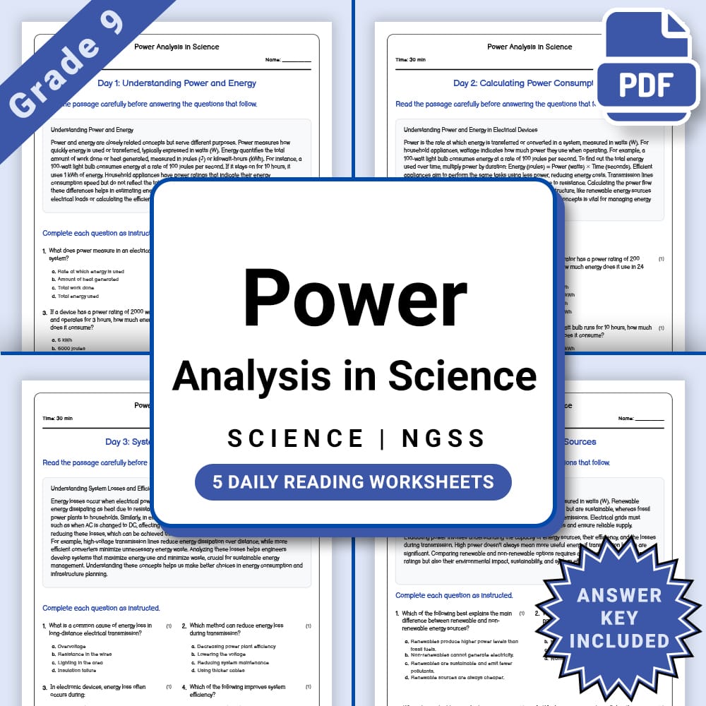 Grade 9 Science daily reading worksheet worksheet — Grade 9 Science – Power Analysis Worksheet(PDF + Answer Key) — page 1