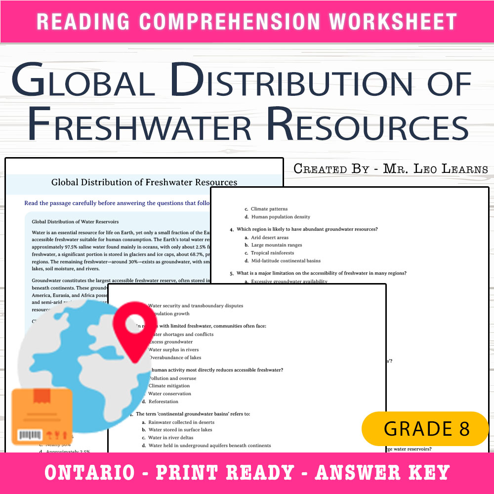 Grade 8 Science worksheet worksheet — Grade 8 Science – Global Distribution of Freshwater Resources Worksheet for Mastery…