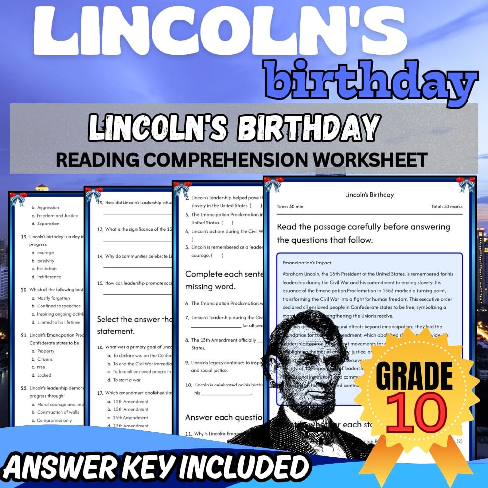 Grade 10 Lincoln's Birthday Worksheet for Mastering U.S. History|PDF+Answer Key