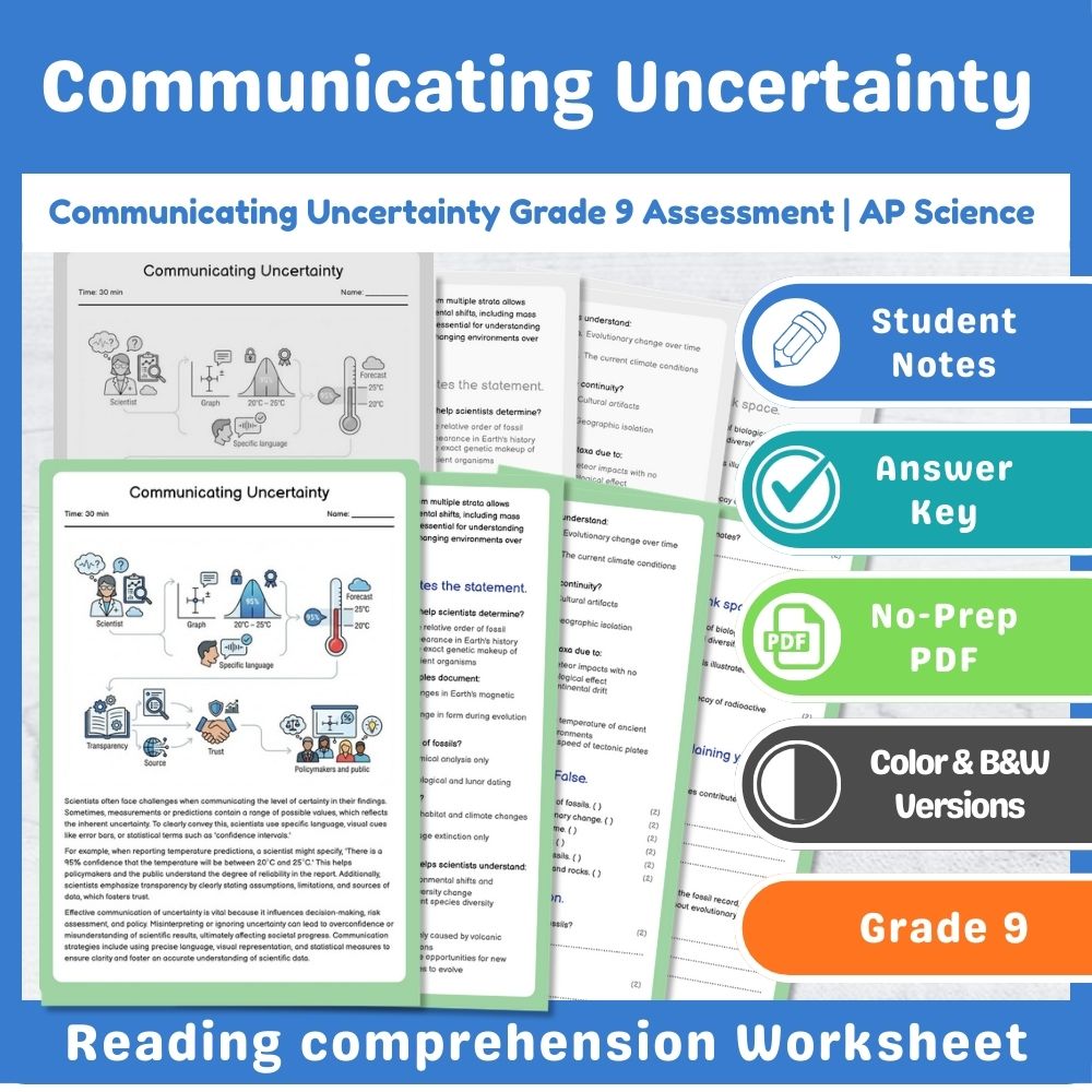 Grade 9 Science assessment worksheet — Communicating Uncertainty Grade 9 Assessment | AP Science Standards-Aligned — page 1