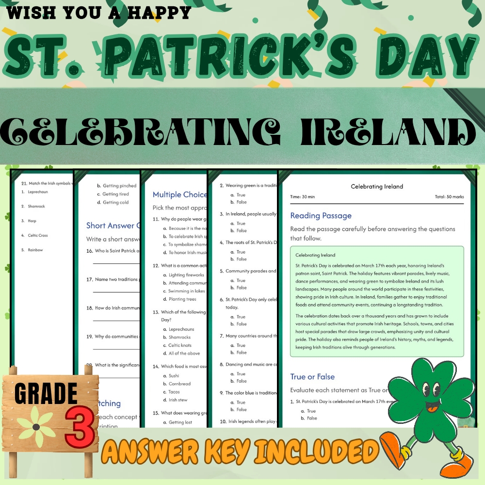 Grade 3 Seasonal Unit| St. Patrick's Day Worksheets & Activities(PDF+Answer Key) — included worksheet 3