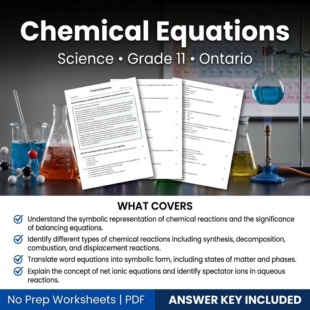 Chemical Equations Worksheet for Grade 11 Science | Ontario Standards