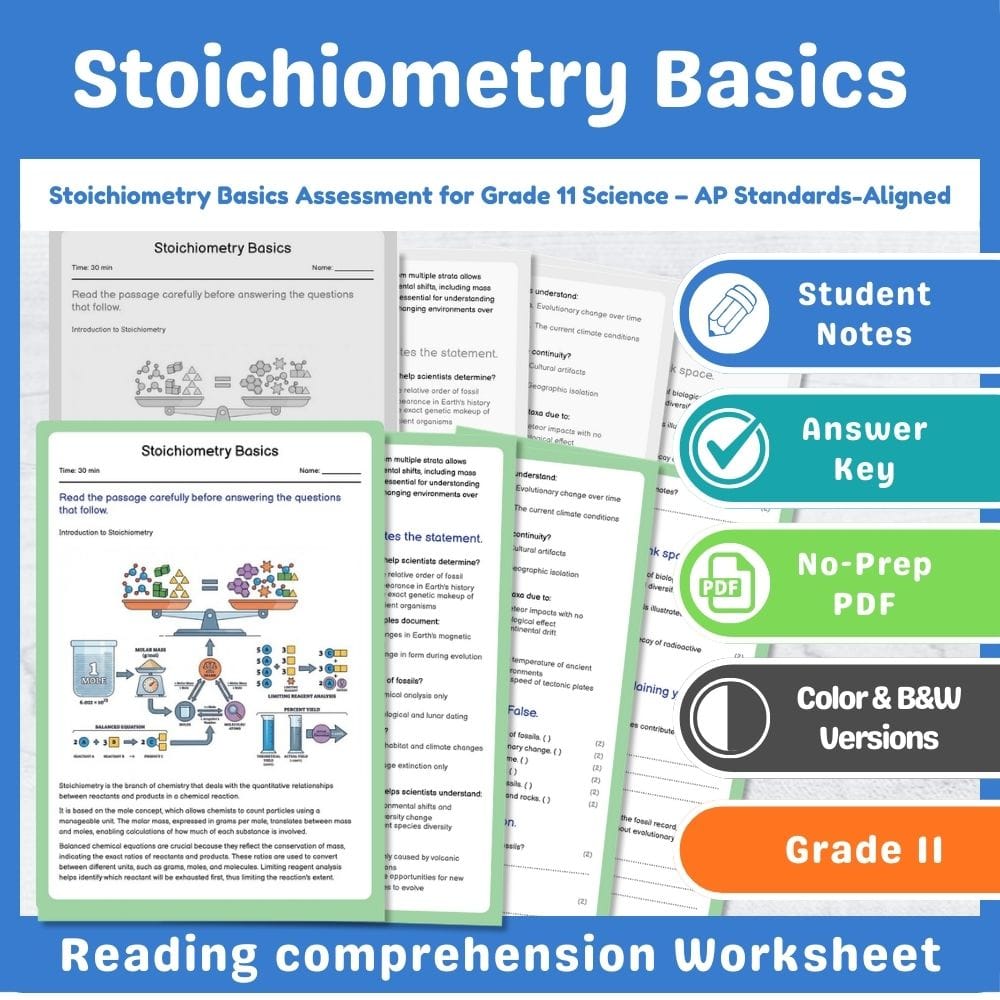 Grade 11 Science assessment worksheet — Stoichiometry Basics Assessment for Grade 11 Science – AP Standards-Aligned — page 1
