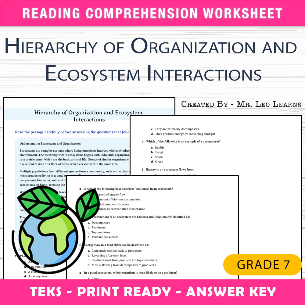 Grade 7 Science worksheet worksheet — Grade 7 Science — Hierarchy of Organization & Ecosystem Interactions Worksheet — page 1
