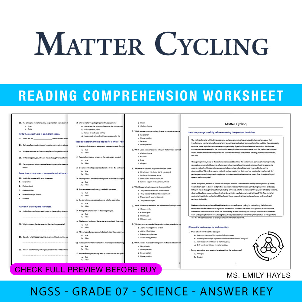 Grade 7 Science worksheet worksheet — 7th Grade Science | Matter Cycling Worksheet (PDF + Answer Key) — page 1