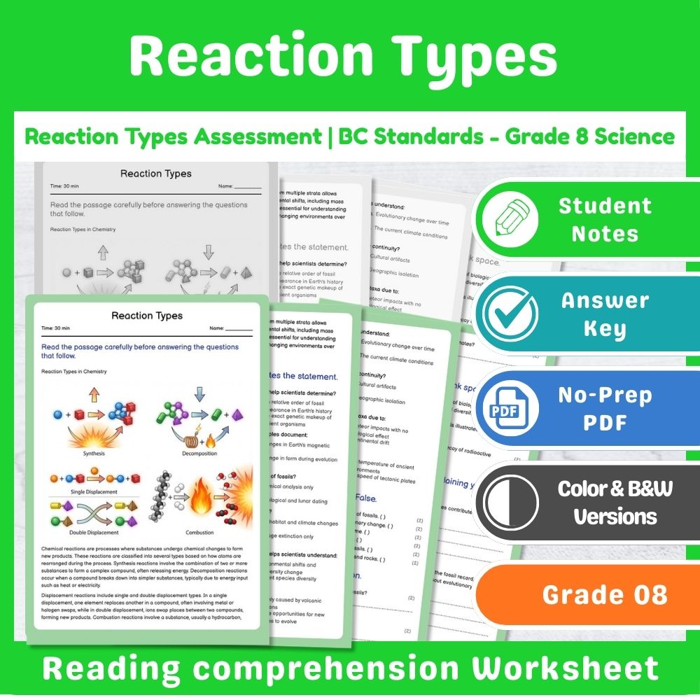 Grade 8 Science Lesson – Reaction Types & Evidence Assessment Bundle — included worksheet 5