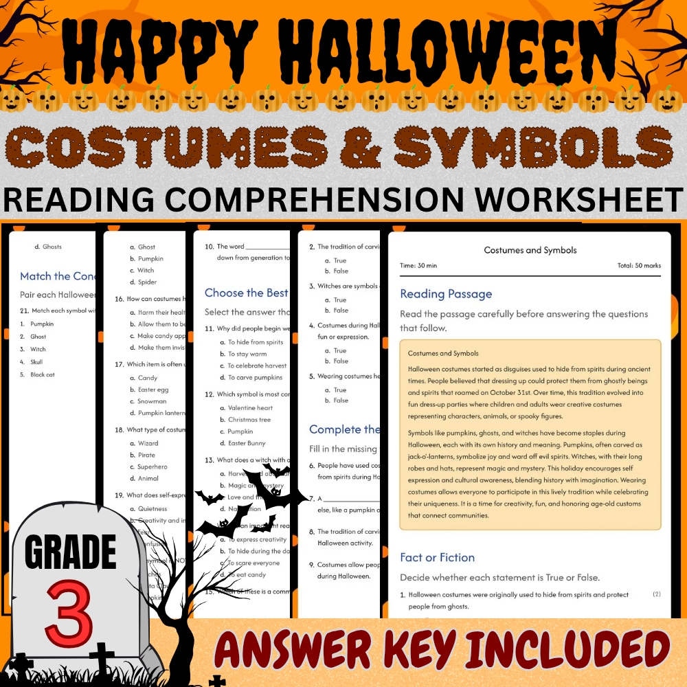 Grade 3 Seasonal Halloween Unit | Safety, Costumes & Symbols Worksheets Bundle — included worksheet 3