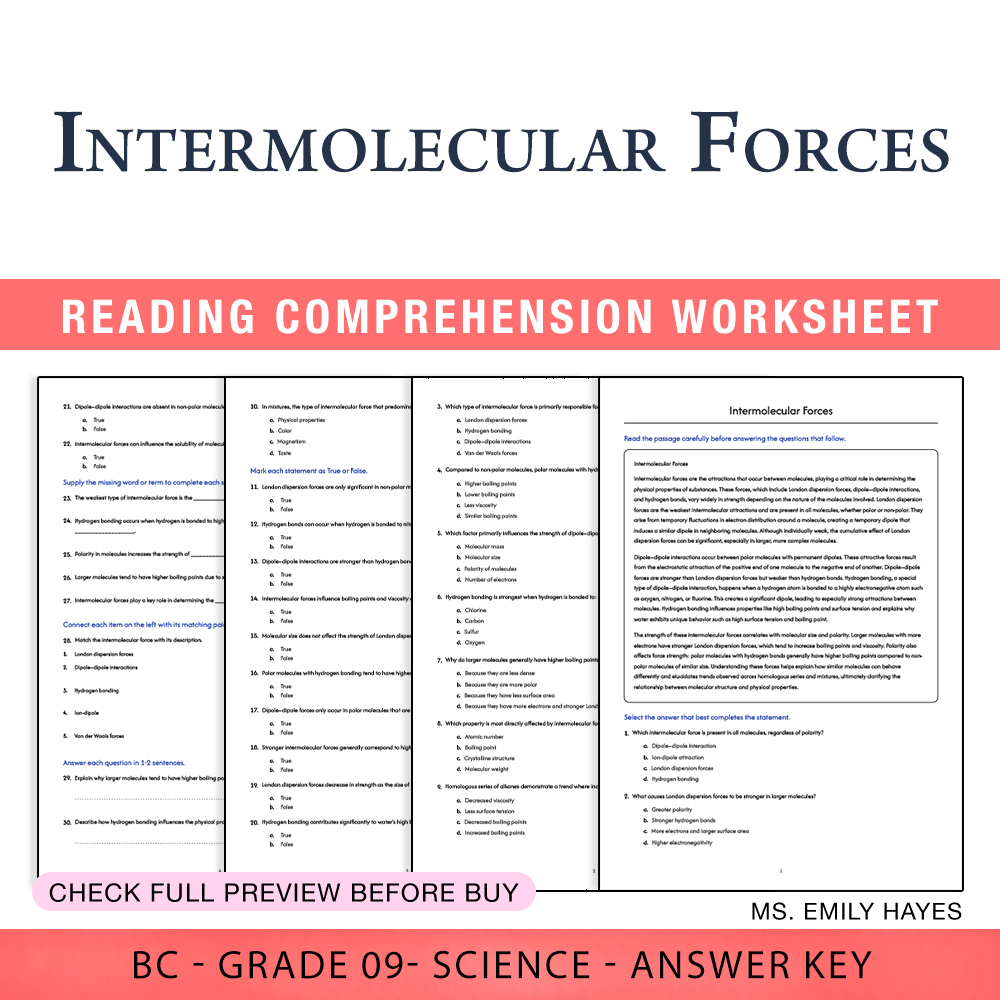 Grade 9 Science worksheet worksheet — 9th Grade Science | Intermolecular Forces Worksheet (PDF+ Answer Key) — page 1