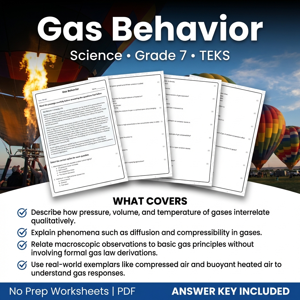Grade 7 Science worksheet — Gas Behavior Worksheet for Grade 7 Science | TEKS-Aligned PDF & Answer Key